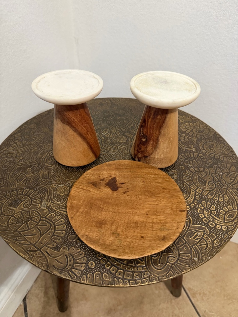 West Elm Pillar Candle Set Wooden and Marble Holders